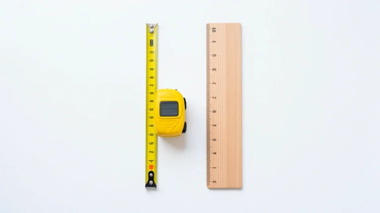 A flexible measuring tape wrapped around a waist shown beside an upright height ruler, comparing a waist measurement to a height measurement, no text in image, no real person