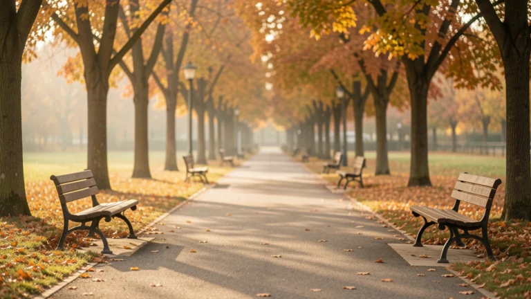 Empty park walking path lined with autumn trees and benches