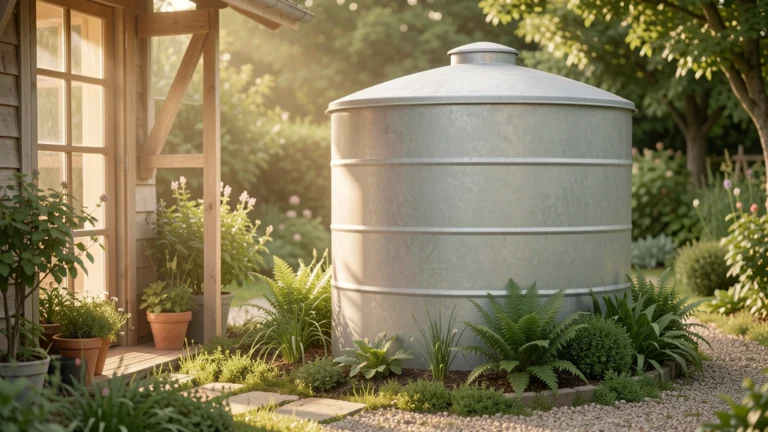 Large cylindrical metal rainwater tank beside a garden shed