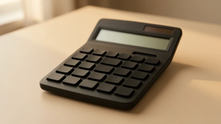 A simple handheld calculator resting on a plain desk showing a small M memory indicator on its display, no other text, no hands, no face