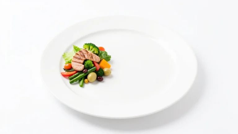A smaller portion of food served on a plate beside a larger empty area, representing eating fewer calories than you burn
