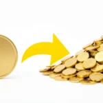 Single coin of ad spend flowing into a stack of several coins of revenue, representing ad spend returning multiplied revenue, no text in image