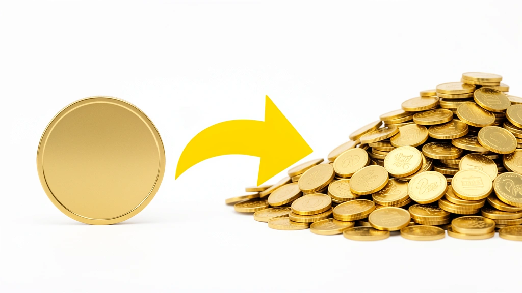Single coin of ad spend flowing into a stack of several coins of revenue, representing ad spend returning multiplied revenue, no text in image