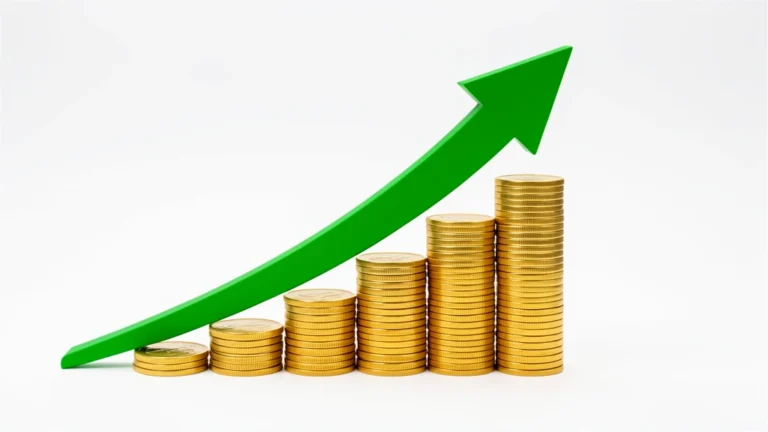 An upward growth chart rising over a stack of gold coins, representing a good return on investment, no text in image