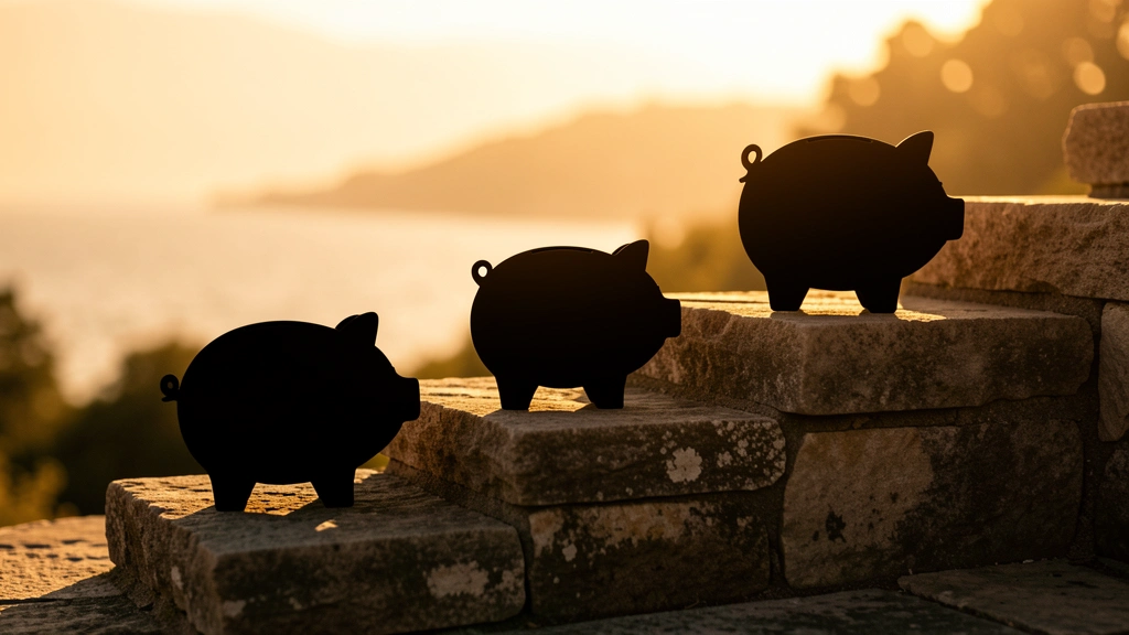 Three simple piggy bank icons of increasing size placed on ascending steps, representing growing savings through early career, mid career, and pre-retirement stages, no text, no numbers, no real people