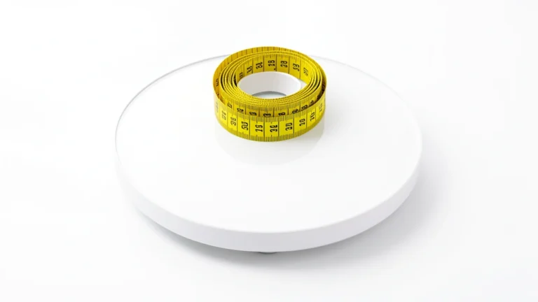 A bathroom scale beside a rolled measuring tape on a plain floor, a body mass index concept with no text and no person