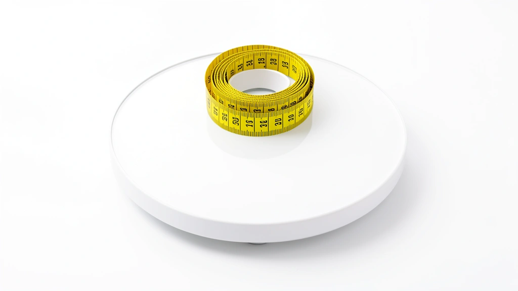 A bathroom scale beside a rolled measuring tape on a plain floor, a body mass index concept with no text and no person