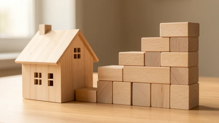 A stack of house-shaped wooden blocks with one large block being set aside next to a smaller, neatly re-stacked column, no text, no numbers, no real person