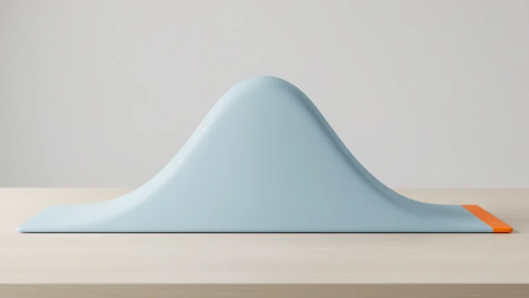 A smooth bell-shaped sculpture on a light desk with one thin tail edge colored differently, abstract statistics concept