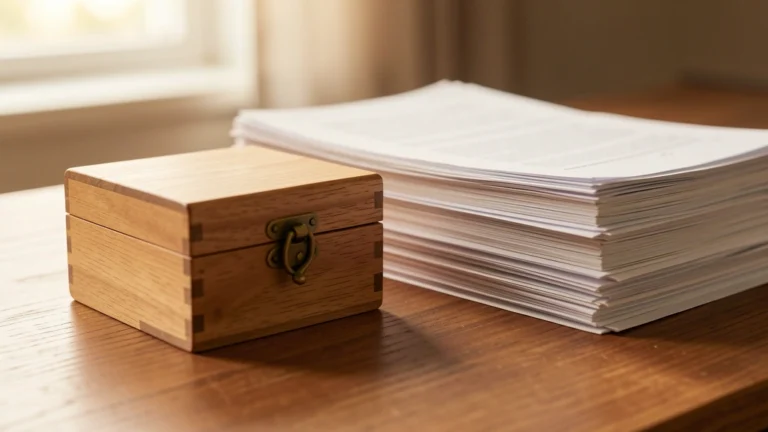 A small locked box set apart from a larger stack of similar boxes, suggesting funds held aside for future use, no faces or people, no text, numbers, or dollar signs in the image, photorealistic editorial still-life style
