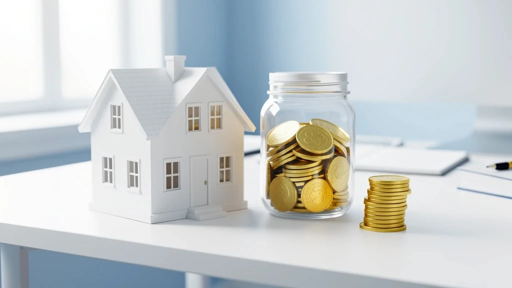 Miniature house beside a glass jar of coins representing a mortgage escrow account for taxes and insurance