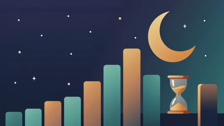 Colorful bar chart of sleep hours owed rising through the week beside a calm night sky, no people, no text