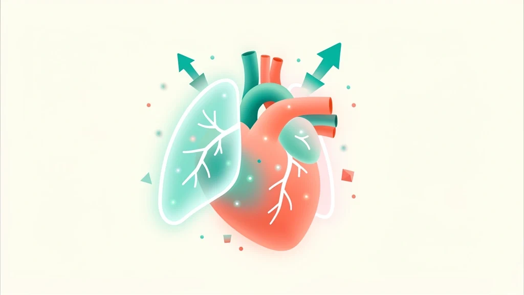 Stylized human torso with a glowing lungs-and-heart engine and rising oxygen flow arrows, clean conceptual aerobic-capacity illustration, no people, no text