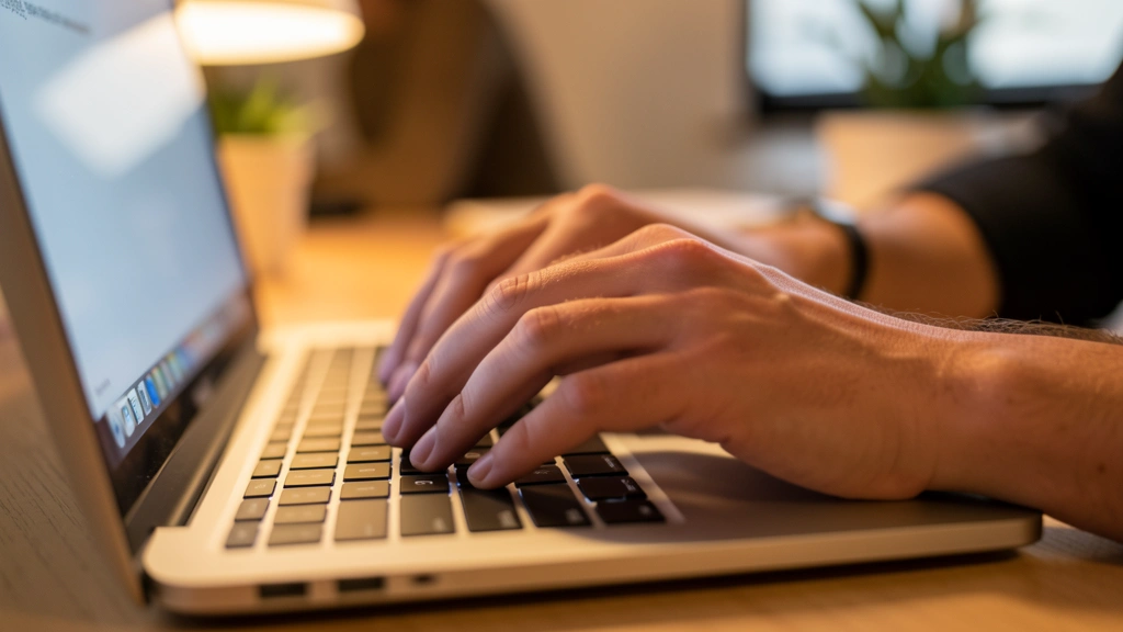 Close-up illustration of hands typing on a keyboard with a simple speed gauge icon nearby, no visible text, no real person's face