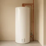 A residential tank water heater and a wall-mounted tankless unit side by side in a clean utility room, no people present