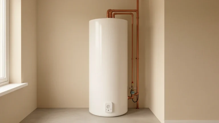A residential tank water heater and a wall-mounted tankless unit side by side in a clean utility room, no people present