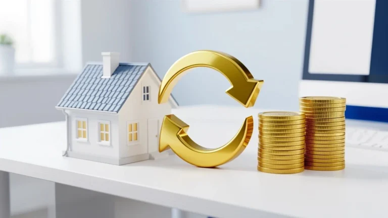 Miniature house with circular refresh arrows and gold coins representing mortgage refinancing