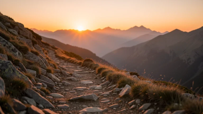 A rocky mountain trail at sunset with the sun low over distant peaks