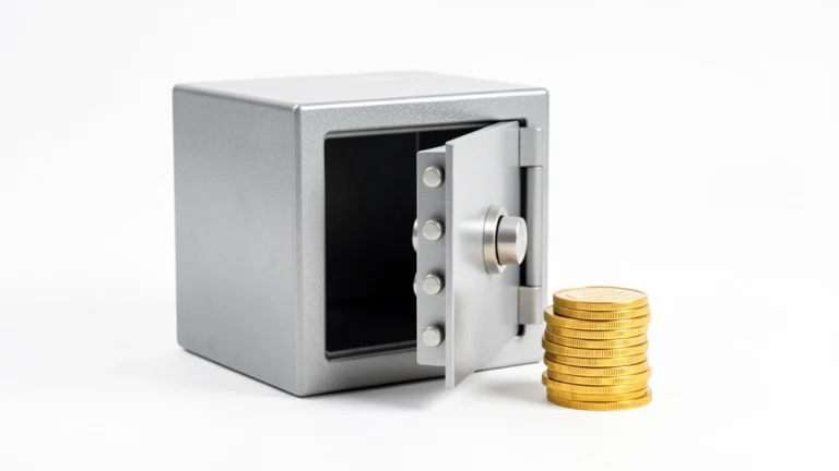 A small safe beside a piggy bank on a desk, representing a savings account holding an emergency fund, no text in image