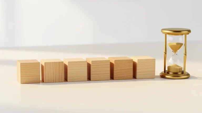 Row of wooden blocks beside a brass hourglass, representing the seven days of the week