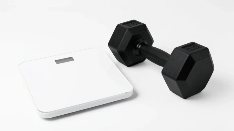 A bathroom scale beside a dumbbell with a question mark between them, illustrating the question of weight versus muscle, no text in image, no real person