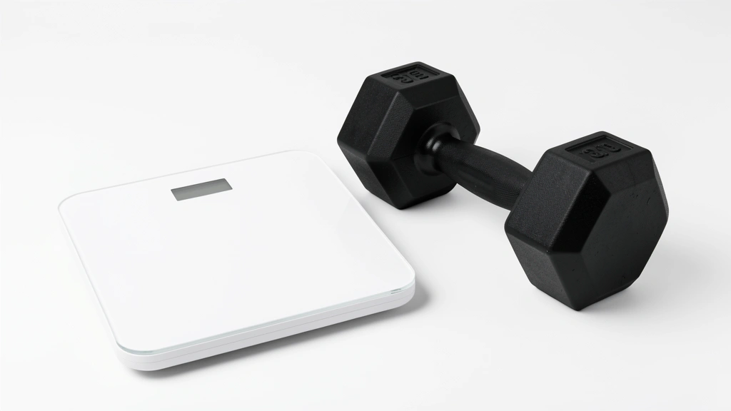 A bathroom scale beside a dumbbell with a question mark between them, illustrating the question of weight versus muscle, no text in image, no real person