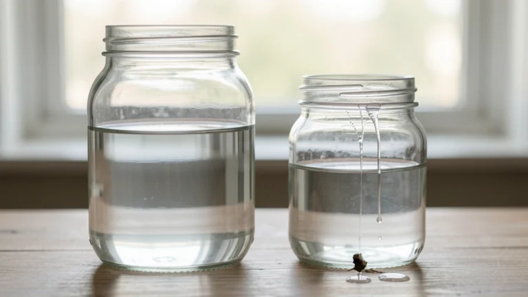 A small potted plant with a tiny drip leaking steadily from its base while the plant still grows, showing a small steady drain next to slow growth, no text in image, no real person's face