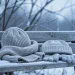 A knitted scarf, hat, and gloves resting on a frost-covered wooden bench with bare windblown branches behind, in cold blue winter light