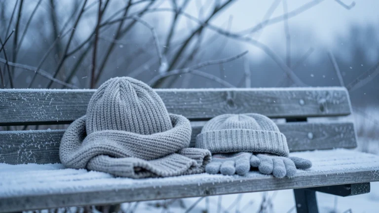 A knitted scarf, hat, and gloves resting on a frost-covered wooden bench with bare windblown branches behind, in cold blue winter light