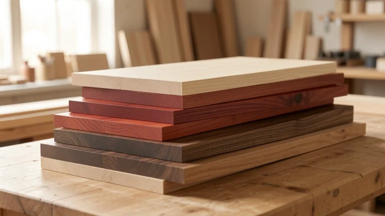 Stack of wood planks in light, reddish and dark tones on a workshop bench