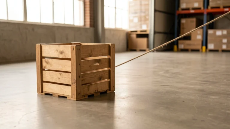 A wooden crate pulled across a concrete warehouse floor by a taut rope