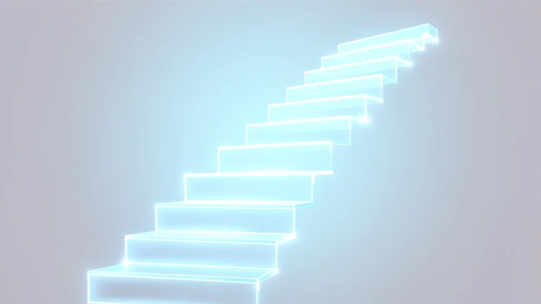 An abstract ascending staircase with steps that grow taller and glow brighter toward the top, symbolizing XP requirements that grow with each level, no text, no UI overlays, no real game characters or logos