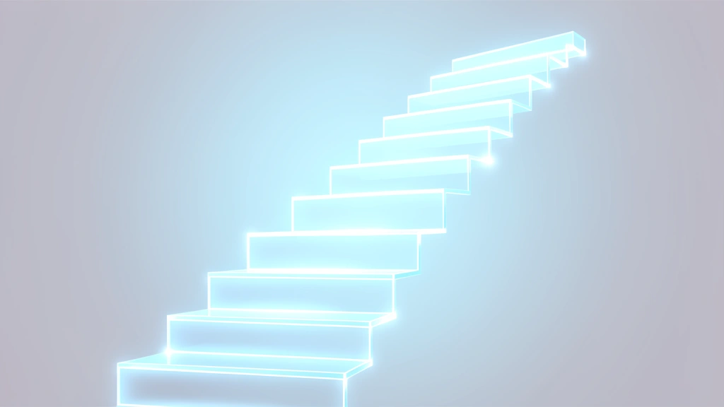 An abstract ascending staircase with steps that grow taller and glow brighter toward the top, symbolizing XP requirements that grow with each level, no text, no UI overlays, no real game characters or logos