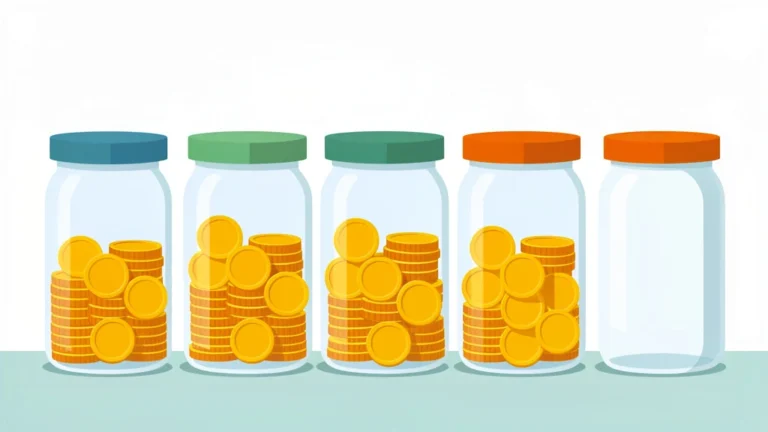 Flat illustration of coins sorted into labeled budget jars totaling zero remaining, clean blue and green palette, no people