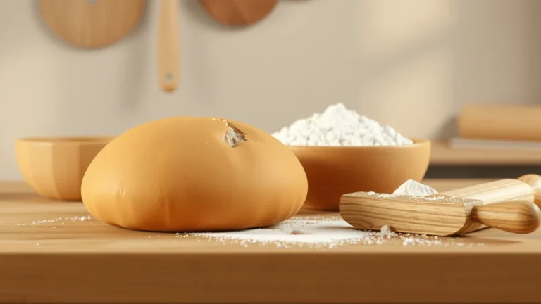 A rustic dough loaf beside a wooden bowl of flour and a rolling pin on a floury wooden counter