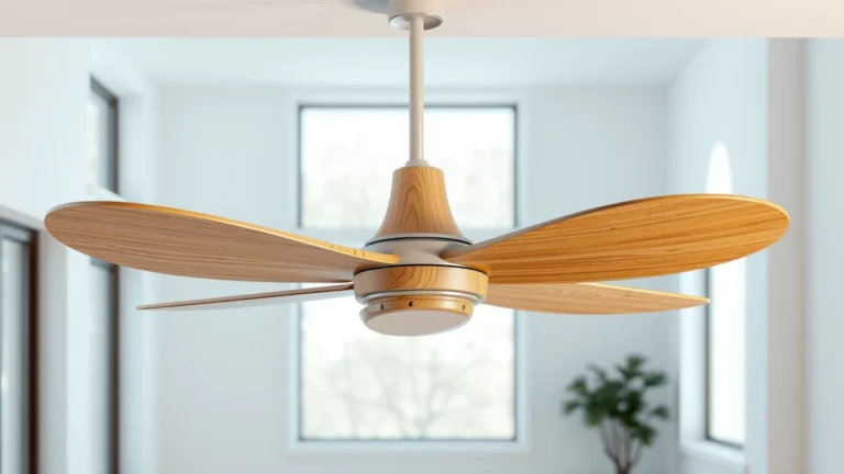A bright empty room with a modern wooden four-blade ceiling fan hanging from a short rod, soft daylight