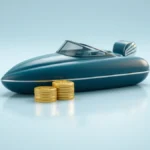Flat illustration of a small motorboat on calm water next to a wooden dock