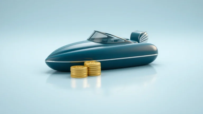Flat illustration of a small motorboat on calm water next to a wooden dock