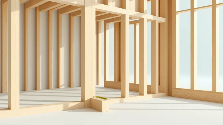 A bare wooden wall frame with evenly spaced upright lumber studs between a bottom plate and a double top plate, clean studio scene
