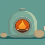 Flat vector illustration of an electric pottery kiln beside a glowing electricity meter and a few ceramic pots, clean minimal style, soft studio colors, no text and no numbers