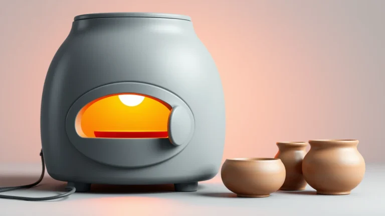 Flat vector illustration of an electric pottery kiln beside a glowing electricity meter and a few ceramic pots, clean minimal style, soft studio colors, no text and no numbers