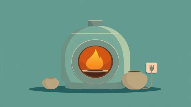 Flat vector illustration of an electric pottery kiln beside a glowing electricity meter and a few ceramic pots, clean minimal style, soft studio colors, no text and no numbers