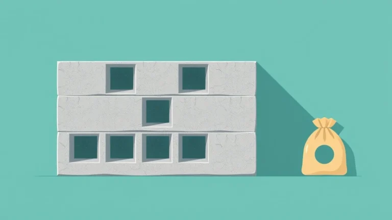 Flat illustration of a cutaway concrete block wall with grout-filled cores beside a stack of plain bags