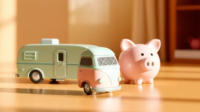 Flat vector scene of a motorhome and a towable trailer parked beside simple coins and an upward road, abstract shapes only