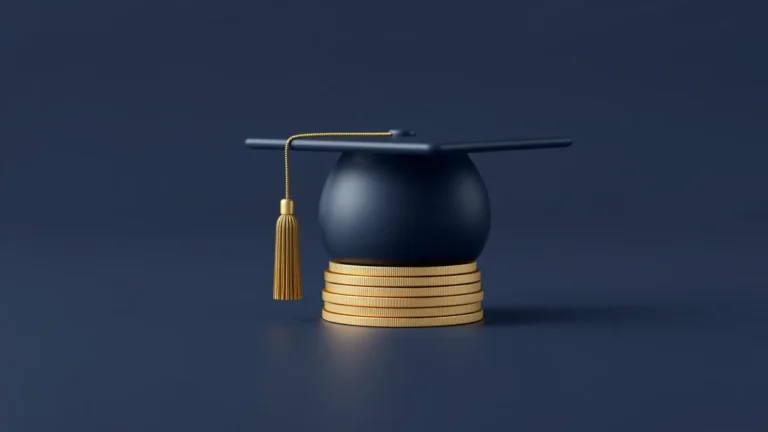 flat vector illustration of a graduation cap resting on a stack of coins beside a descending bar chart and a calendar, teal and amber palette, clean and calm, no text