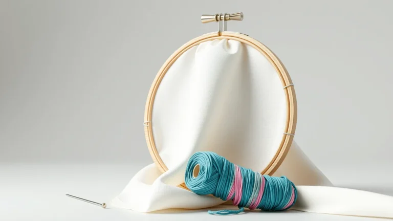 Flat vector illustration of a square of Aida cross-stitch fabric in an embroidery hoop beside a wooden ruler and a pair of scissors, clean minimal style, soft teal and amber colors, no text and no numbers