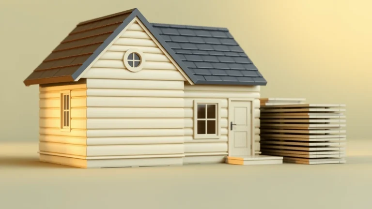 A small model house with half of its wall covered in horizontal lap siding and a stack of siding panels leaning beside it