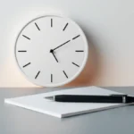 A plain wall clock with a blank white face and thin tick marks beside a black pen on a blank notepad