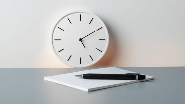 A plain wall clock with a blank white face and thin tick marks beside a black pen on a blank notepad