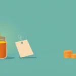 Flat vector illustration of a poured soy candle in a glass jar beside a price tag and a few stacked coins, clean minimal style, soft warm colors, no text and no numbers